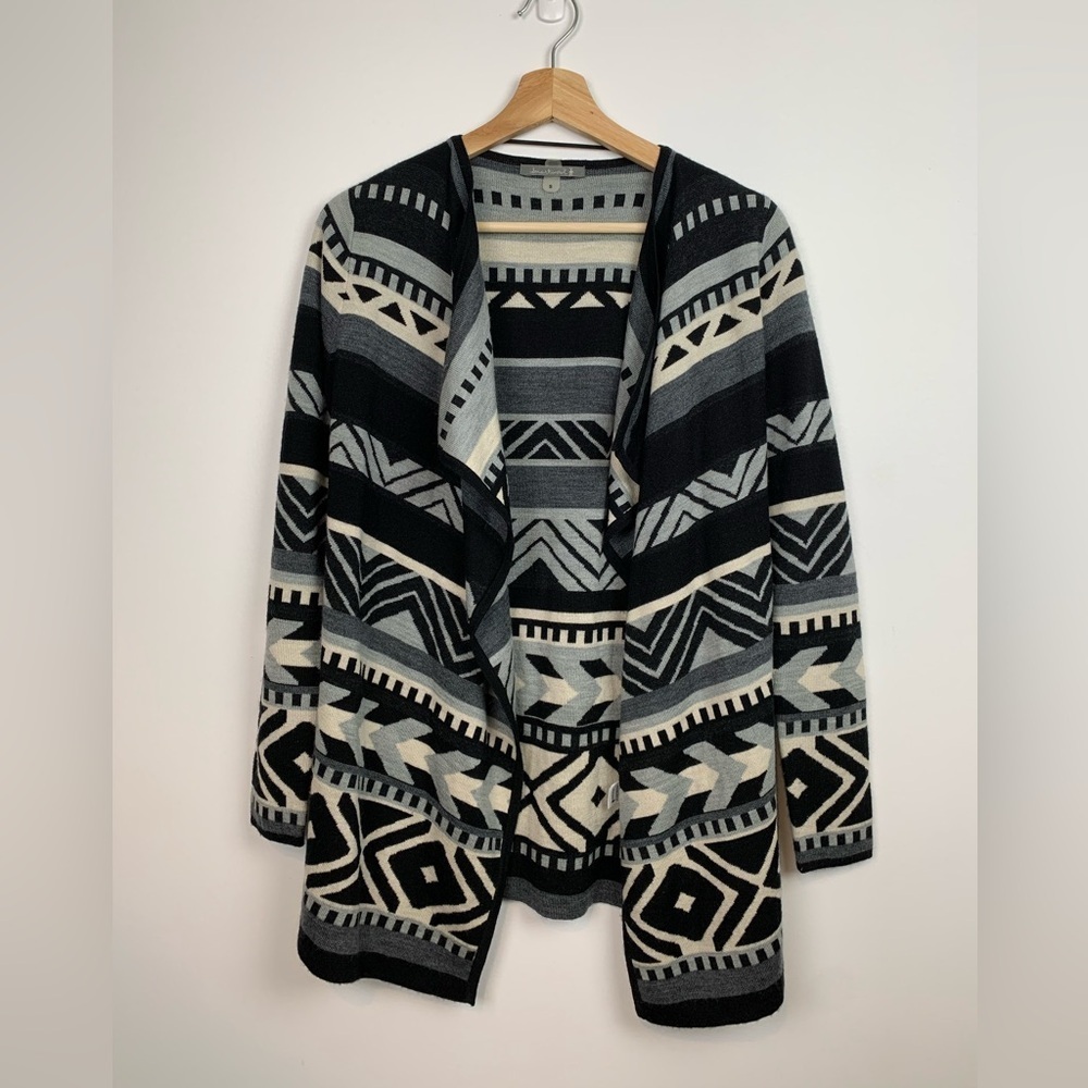 Smartwool Open Cardigan Sweater Merino Blend Black White Southwestern Size Small
